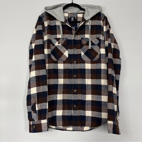 Amnesia Other - Amnesia Mens Hooded Plaid Flannel Long Sleeve Shirt Navy Blue & Brown Size M